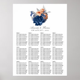 Korall, Marinblå och Silver Blommig Bröllopsplacer Poster
