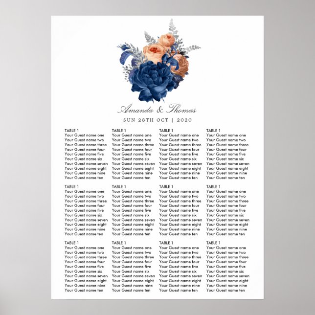 Korall, Marinblå och Silver Blommig Bröllopsplacer Poster (Framsidan)