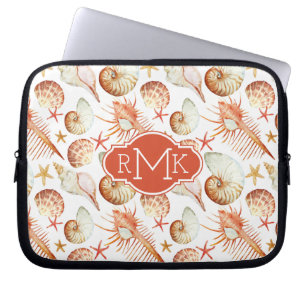 Korall med monogramen för snäcka- & krabbamönst laptop fodral