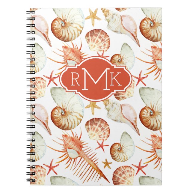 Korall med monogramen för snäcka- & krabbamönster anteckningsbok (Framsidan)