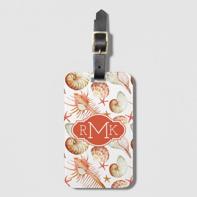 Korall med monogramen för snäcka- & krabbamönster bagagebricka (Framsida vertikal)