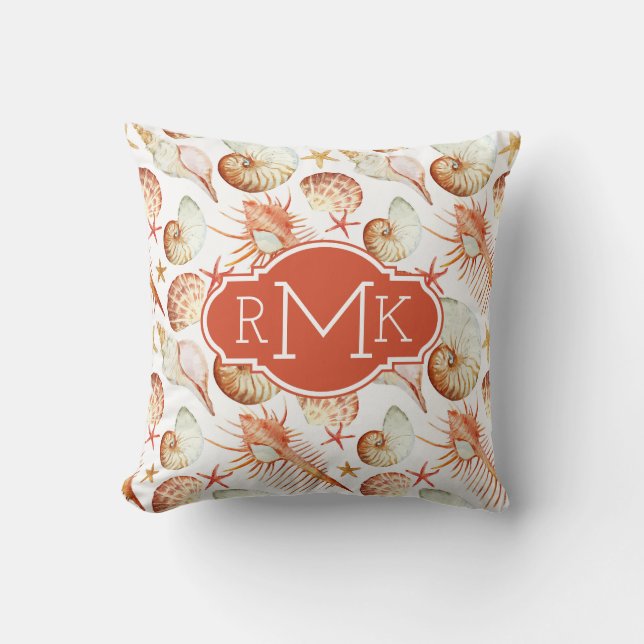 Korall med monogramen för snäcka- & krabbamönster kudde (Framsida)
