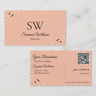 Korall med Rosa Guldlinjer Monogram QR-kod Visitkort
