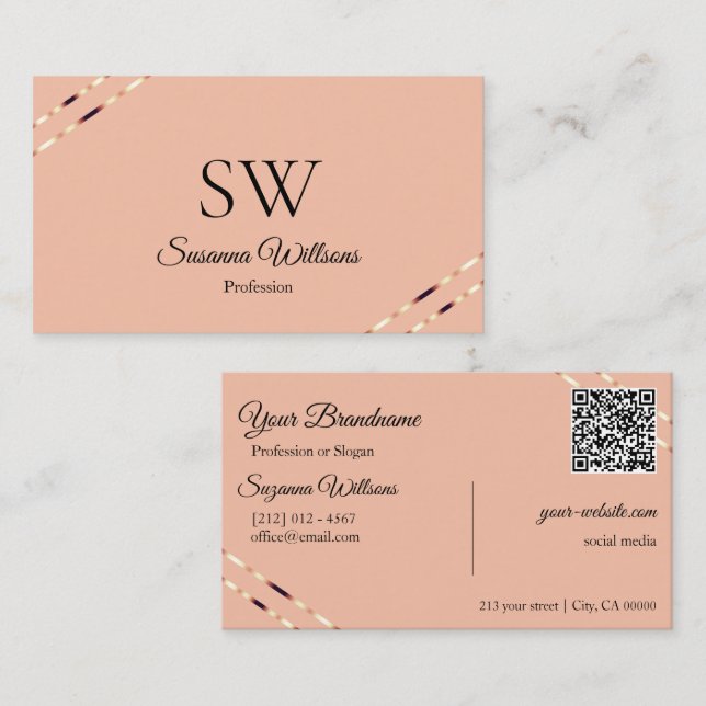 Korall med Rosa Guldlinjer Monogram QR-kod Visitkort (Fram/baksida)