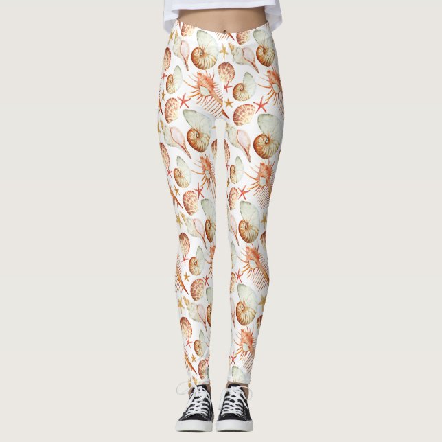 Korall med Snäckor och krabbor Mönster Leggings (Framsida)
