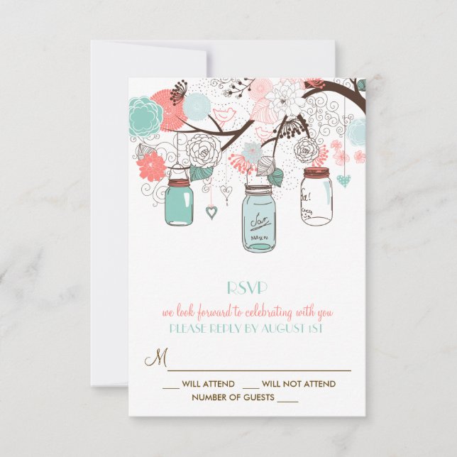 Korall och blå murarblomvaser Blommig RSVP-kort OSA Kort (Framsida)