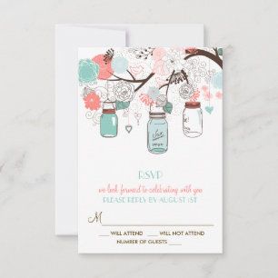 Korall och blå murarblomvaser Blommig RSVP-kort OSA Kort