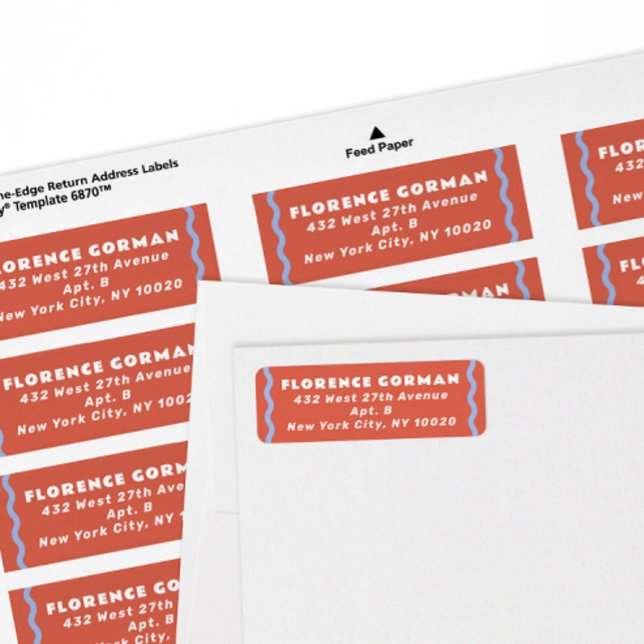 Korall och Fransk Blue Vågigt Ram Returadress Etikett (trendy wavy periwinkle blue line and coral red modern return address labels by the sheet)