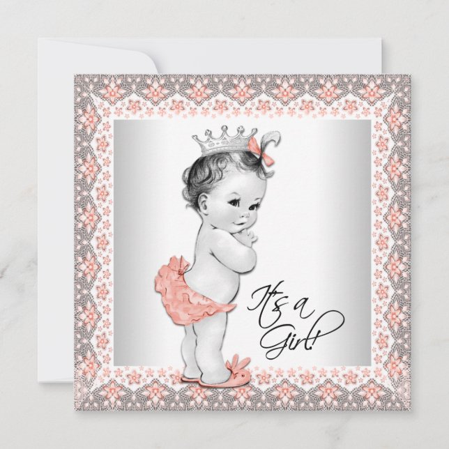 Korall och grå Bebis-flicka Babyshower Inbjudningar (Framsida)