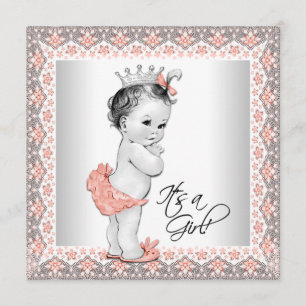 Korall och grå Bebis-flicka Babyshower Inbjudningar