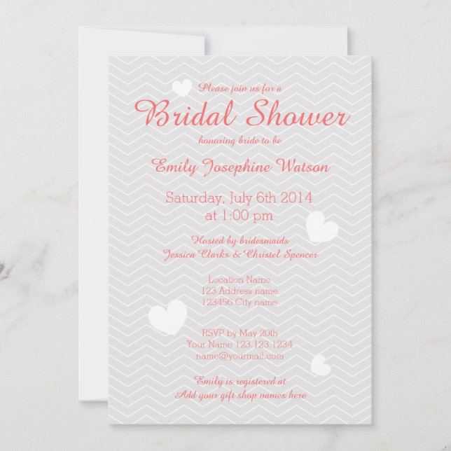 Korall och grå chevron bröllopsdusch inbjudan (Framsida)