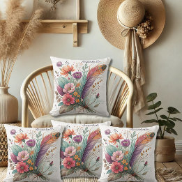 Korall och Grönt Feathers och Flowers Kudde