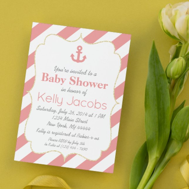 Korall och guld nautisk baby shower inbjudan (Skapare uppladdad)
