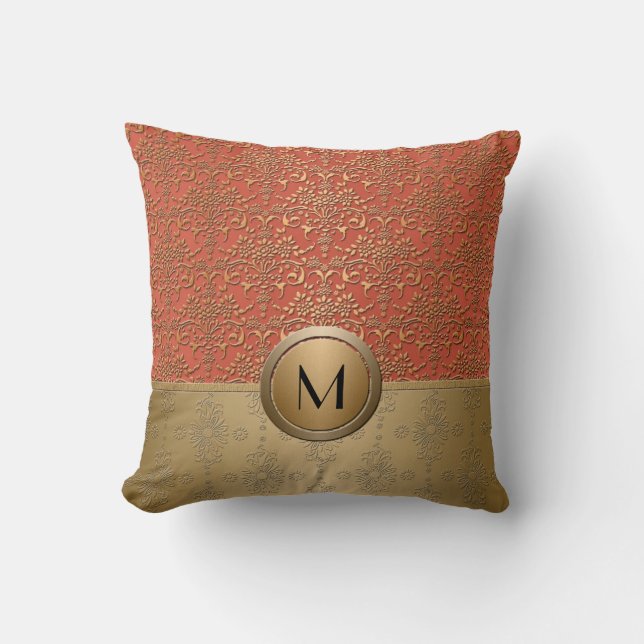 Korall- och guldmonogram Damaskmönster Kudde (Framsida)