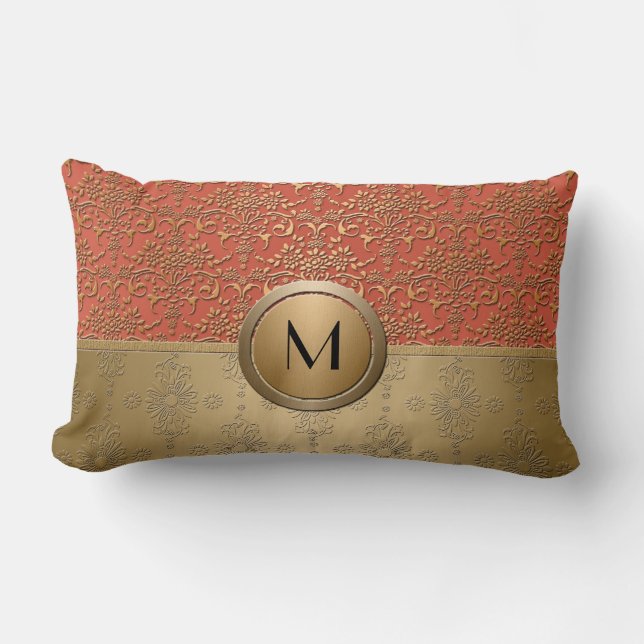 Korall- och guldmonogram Damaskmönster Lumbarkudde (Framsida)