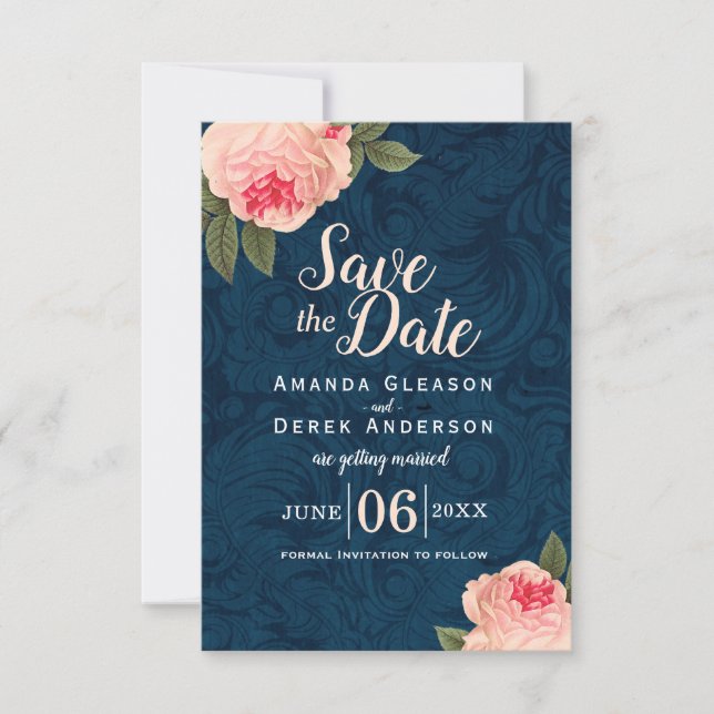 Korall och marinblå shabby chic Save the Date Spara Datumet (Framsida)