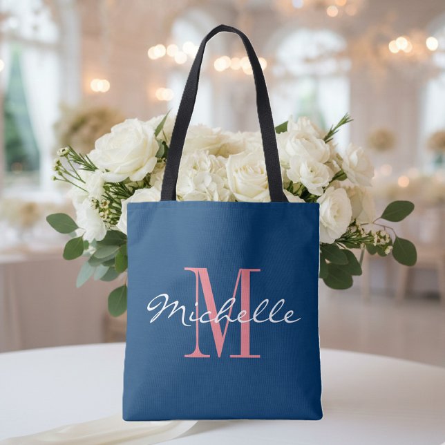 Korall och marinblått monogram bröllop till säcken tygkasse (Wedding tote with monogram)