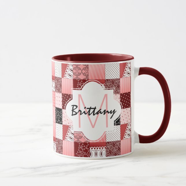 Korall och röd Monogram för Patchworktäckedesign Mugg (Höger)