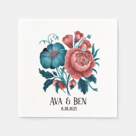 Korall- och teal-peonier Guld Bouquet Bröllopsring Pappersservett