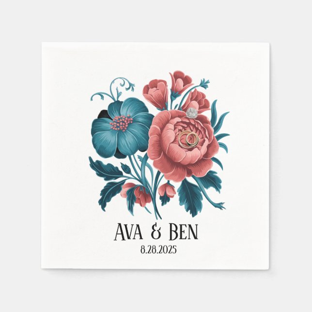 Korall- och teal-peonier Guld Bouquet Bröllopsring Pappersservett (Framsidan)