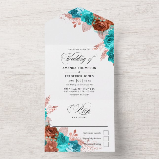 Korall och turkos Watercolor Blommigt Bröllop all  (Insida)