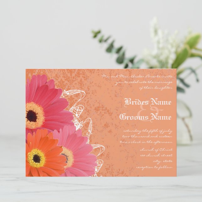 Korall & Orange Gerber Daisy Bröllopsinbjudan Inbjudningar (Stående Fram)