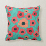 Korall på vallmospin på teal kudde<br><div class="desc">En lysande dans av varma poppies på coolans bakgrunder med vissa blåringkonturer. Mönster har roligt och färg och gör fantastisk accentkuddar. Poppy Spin är en del av min insamling av Poppies & Bluebells och finns i tre färg-program: rött på sjö,  korall på havsskumma gröntar och persikor på grått.</div>