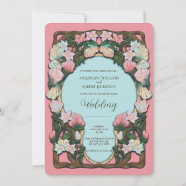 Korall Rosa Akvarell Art Nouveau Bröllop Inbjudningar