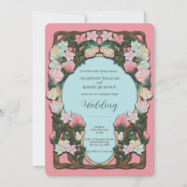 Korall Rosa Akvarell Art Nouveau Bröllop Inbjudningar (Framsida)