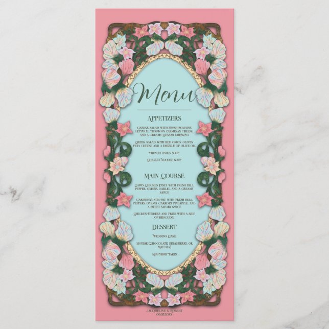 Korall Rosa Akvarell Art Nouveau Bröllop Meny (Framsida)