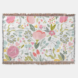 Korall Rosa Akvarell Blommig Mönster Monogram Namn Filt