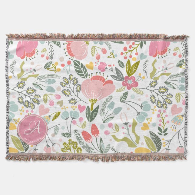 Korall Rosa Akvarell Blommig Mönster Monogram Namn Filt (Framsidan)