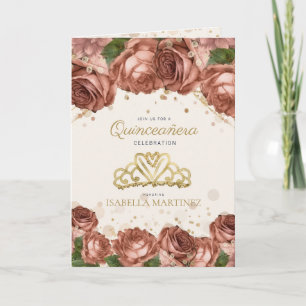 Korall Rosa Blommig Guld Glitter Quinceañera Foto Inbjudan