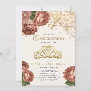 Korall Rosa Blommig Guld Glitter Quinceañera Inb Inbjudningar