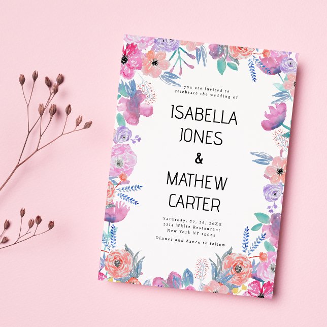 Korall Rosa Lavendel Blå Akvarell Blommig Bröllop Inbjudningar (Coral Pink Lavender Blue Watercolor Floral Wedding)