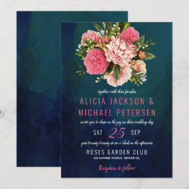 Korall rosa och  blommor, bouquet moody bröllop inbjudningar