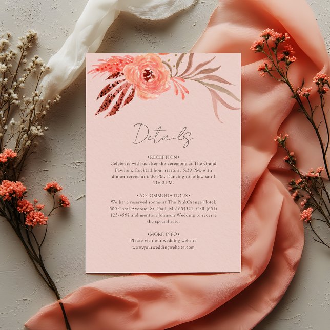 Korall Rosa Orange Blommig Bröllopsdetalj Tilläggskort (Skapare uppladdad)
