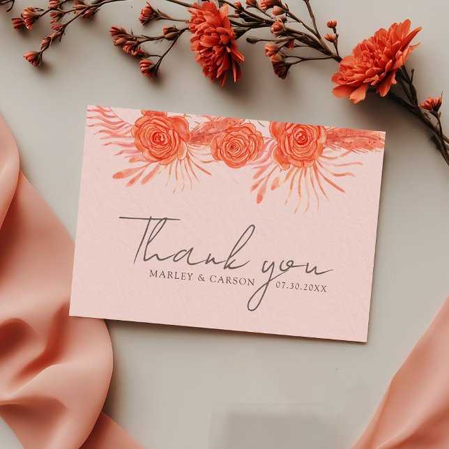 Korall Rosa Orange Blommig Script Bröllop Tack Kort (Skapare uppladdad)