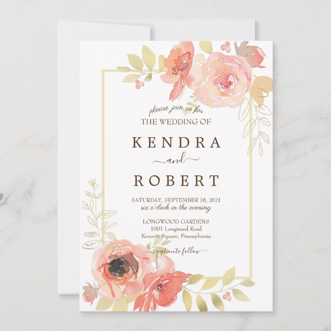 Korall Rosa Ros och Guld Ram Blommig Bröllop Inbjudningar (Framsida)