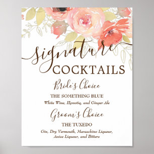 Korall Rosa Rosor & Guld Bröllop Signaturdrycker Poster