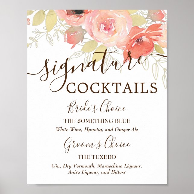 Korall Rosa Rosor & Guld Bröllop Signaturdrycker Poster (Framsidan)