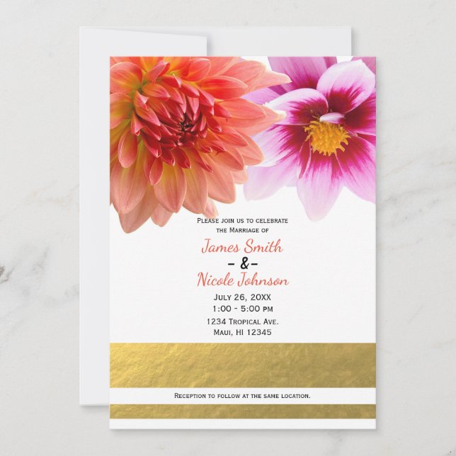 Korall & Rosa Sommar Dahlia Blommor Blommig Bröllo Inbjudningar (Framsida)