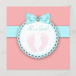 Korall Teal Blå Rosa Fotavtryck Baby Shower Inbjudningar