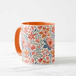 Korall & Teal Trädgårdsblommor på Mjuk Beige Mugg