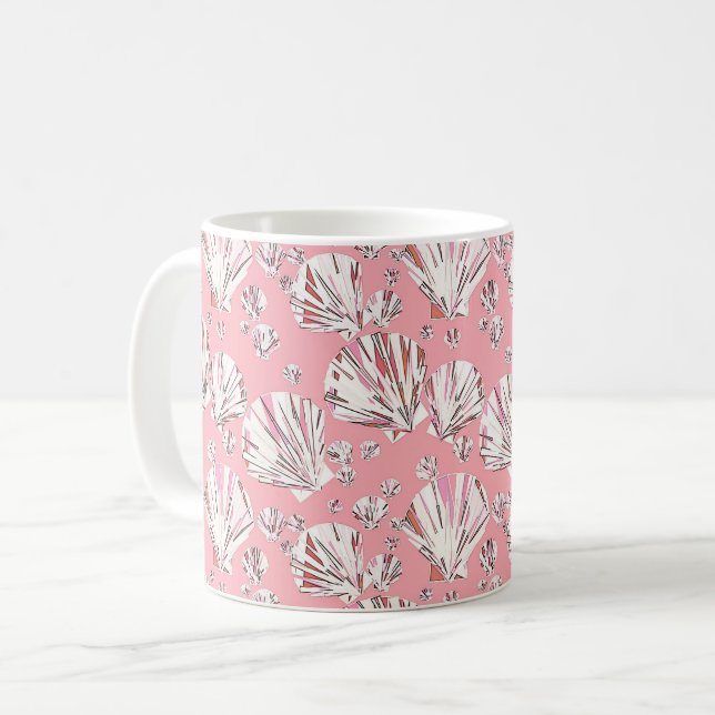 Korall, vit och rosa snäckor, rosa bakgrund kaffemugg (Framsida vänster)