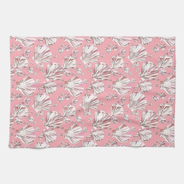 Korall, vit och rosa snäckor, rosa bakgrund kökshandduk (Horisontell)