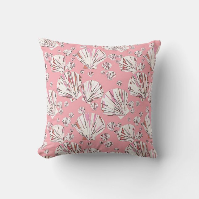 Korall, vit och rosa snäckor, rosa bakgrund kudde (Framsida)