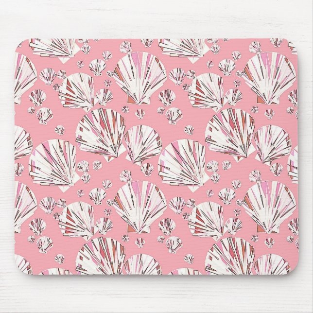 Korall, vit och rosa snäckor, rosa bakgrund musmatta (Framsidan)