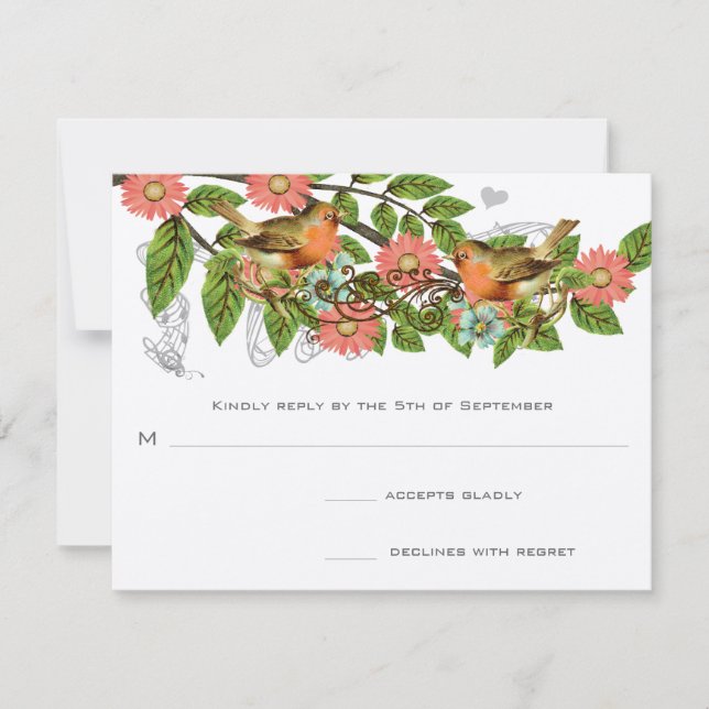 Koralläpple Aqua Vintage Fåglar Bröllopsinbjudan Inbjudningar (Framsida)