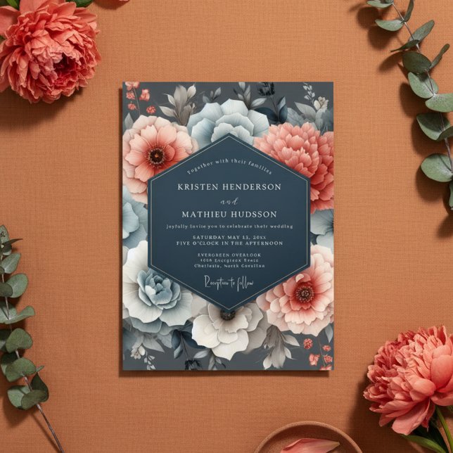 Korallblå blomromantisk bröllopsdekor inbjudningar (Skapare uppladdad)